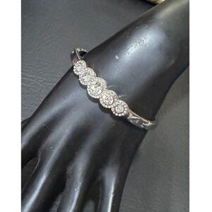 Crystal Bangle Bracelet Womens Silver Tone Rhinestone Art Deco Glam 6.75"